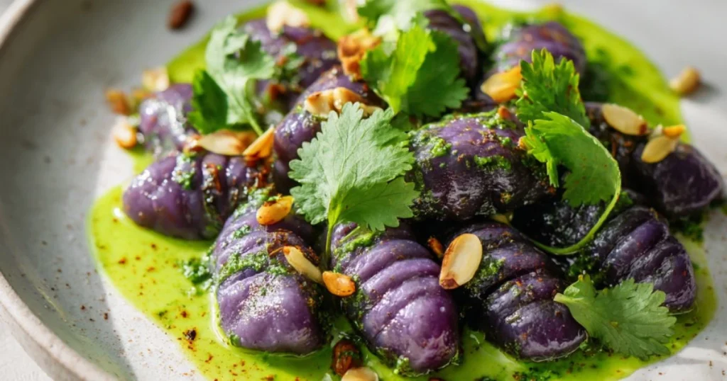 Vegan Purple Gnocchi with Cilantro Lime Chutney