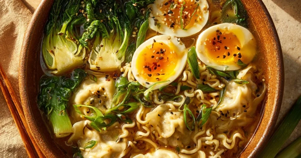 Dumpling Ramen Bowl with Soft-Boiled Eggs and Fresh Greens