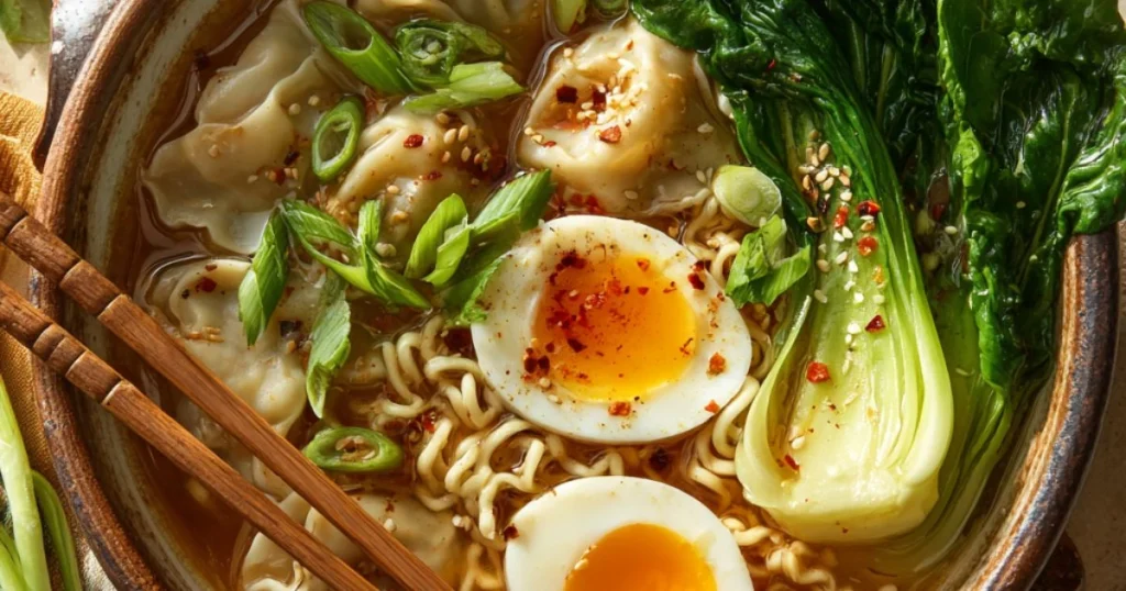 Dumpling Ramen Bowl with Soft-Boiled Eggs and Fresh Greens