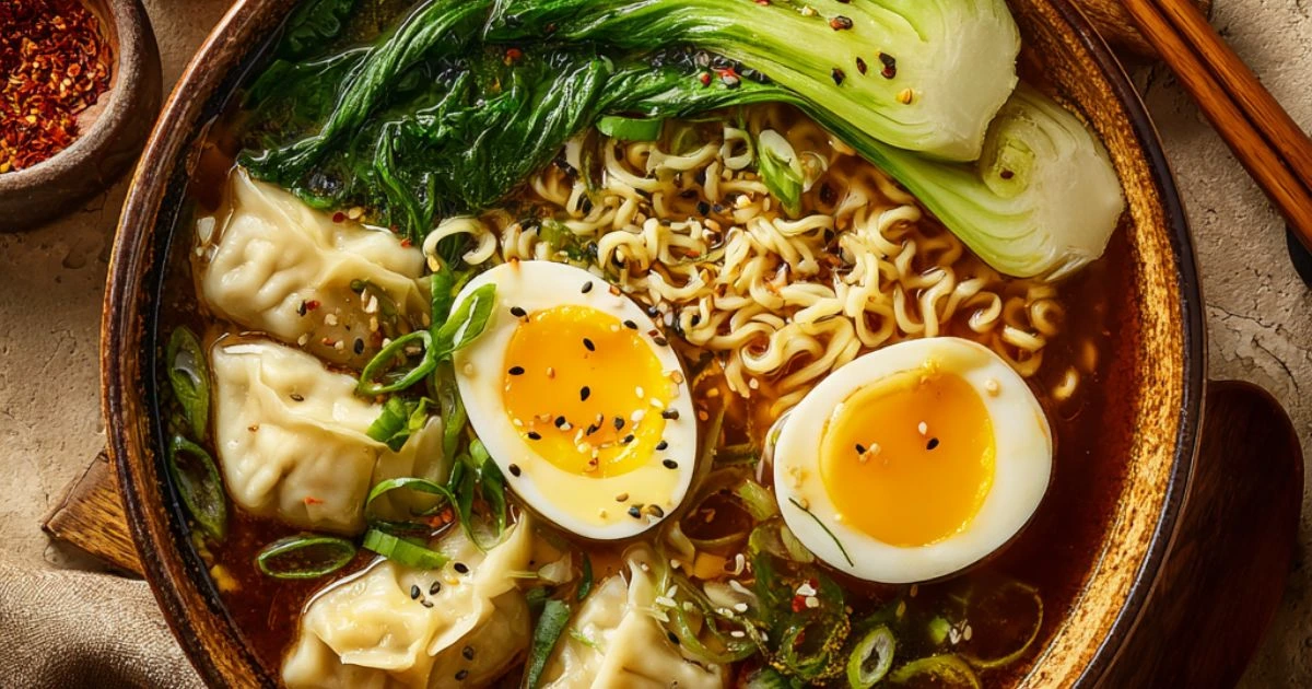 Dumpling Ramen Bowl with Soft-Boiled Eggs and Fresh Greens