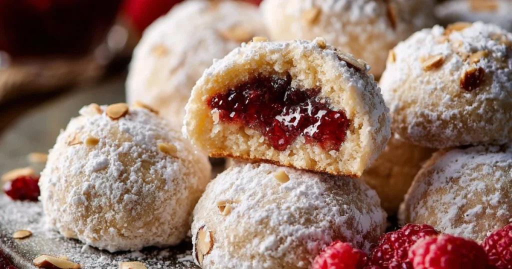 Raspberry-Filled Almond Snowball Cookies
