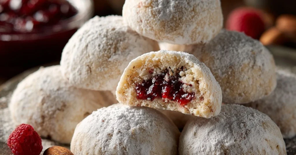 Raspberry-Filled Almond Snowball Cookies